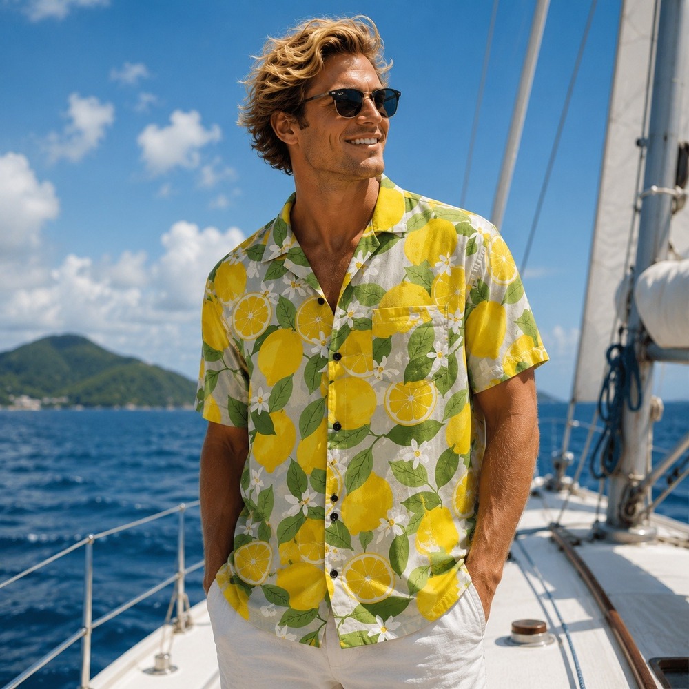 Mad Engine Mens Lemon Citrus Print Rayon Short Sleeve‎ Button Down Shirt XL Grey